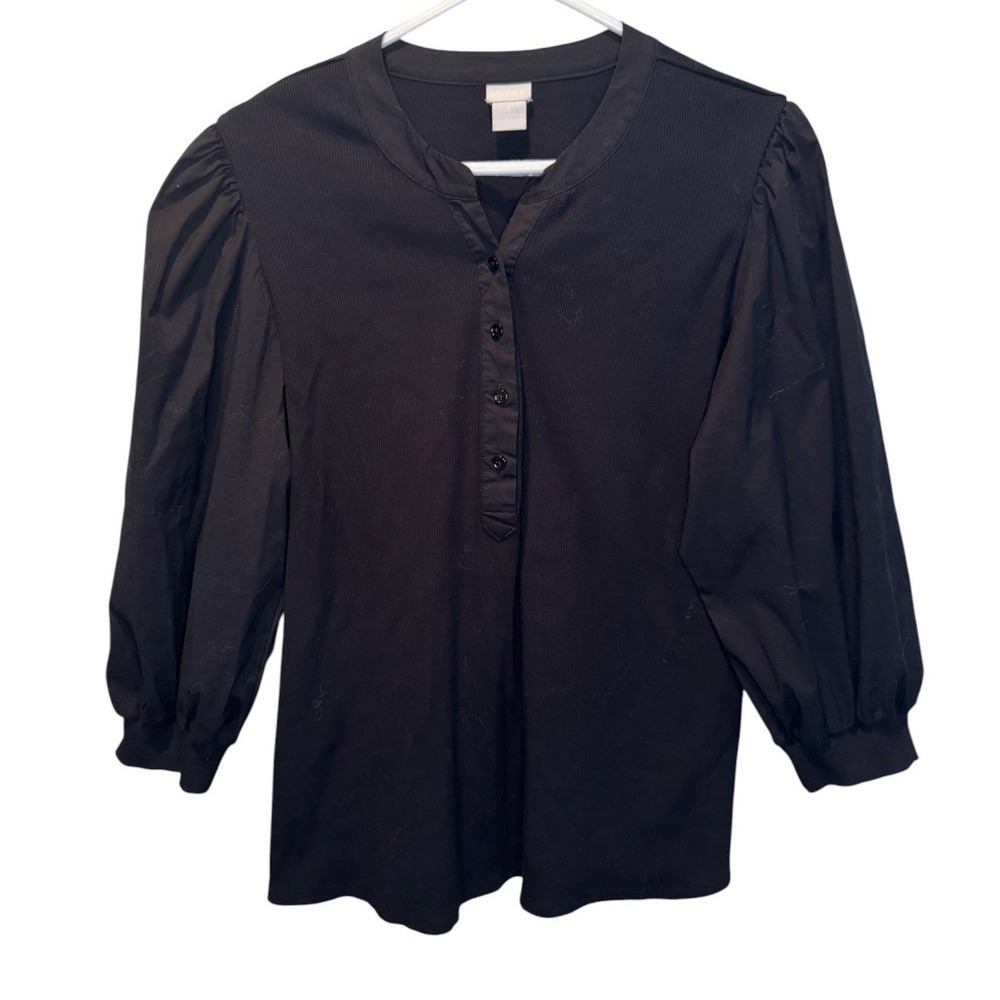 Chico's Womens Black Henley Top Mixed Media Puff Sleeve Size 3 XL Minimalist